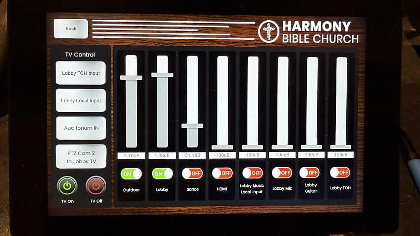 Q-SYS touchscreen control panel for the church audio, video, and lighting system