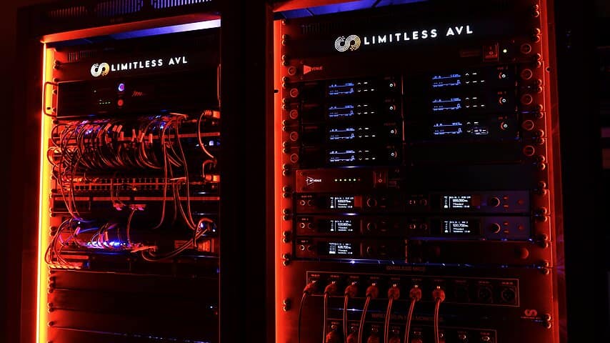 Church AV equipment rack with clean, color-coded wiring