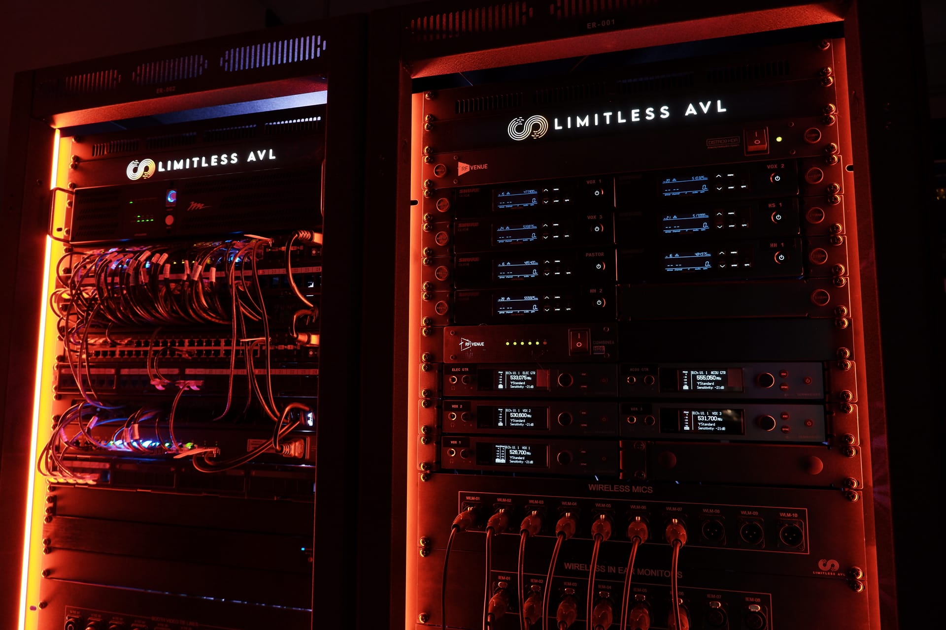 Two Limitless AVL branded equipment racks installed in the Harmony Bible Church technical space