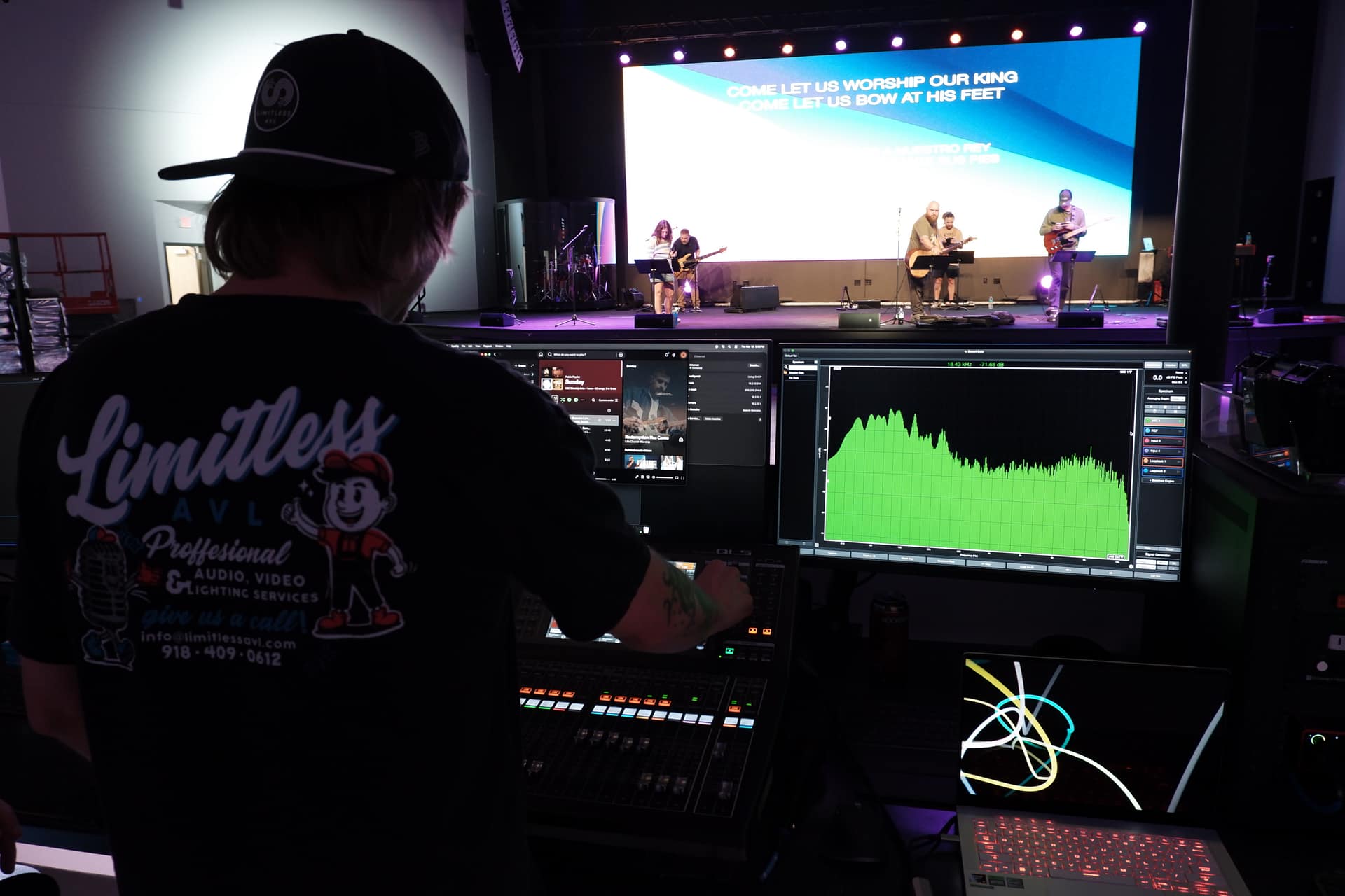 Limitless AVL operator mixing at the console during a live service at Harmony Bible Church with the stage on confidence monitors